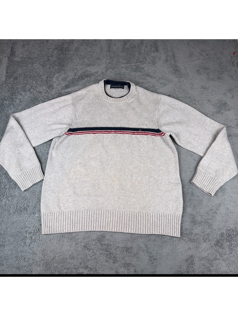 Tommy Hilfiger Men's Gray Crew Neck Sweater with Striped Chest Detail Size M